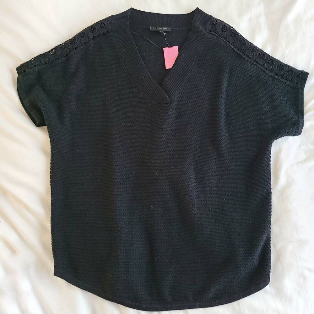 Lane Bryant V-Neck Sweater Top Women's 14/16 Black Tight Knit Lace Short Sleeve